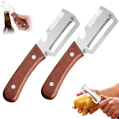 NEW Premium Vegetable Peeler with Wooden Handle and Bottle Opener: 2-in-1 Stainless Steel Kitchen Tool for Fruit Apple Potato Pumpkin Papaya (2Pcs)
