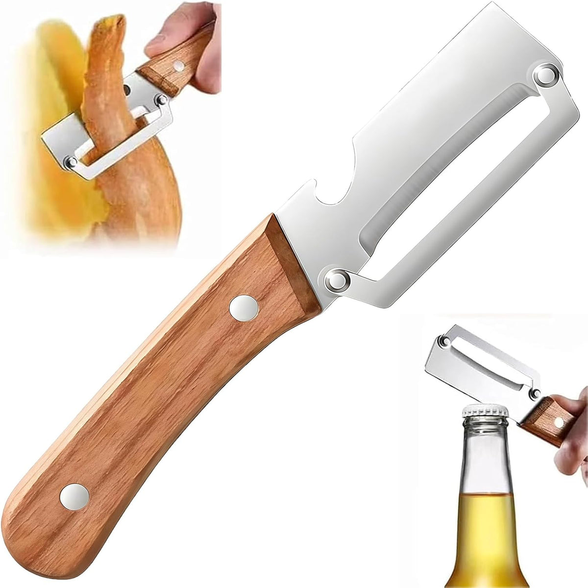 NEW Premium Vegetable Peeler with Wooden Handle and Bottle Opener: 2-in-1 Stainless Steel Kitchen Tool for Fruit Apple Potato Pumpkin Papaya (2Pcs)