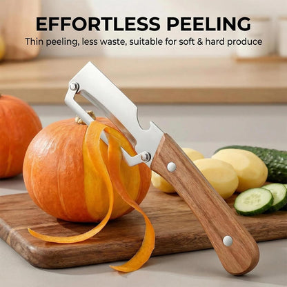 NEW Premium Vegetable Peeler with Wooden Handle and Bottle Opener: 2-in-1 Stainless Steel Kitchen Tool for Fruit Apple Potato Pumpkin Papaya (2Pcs)