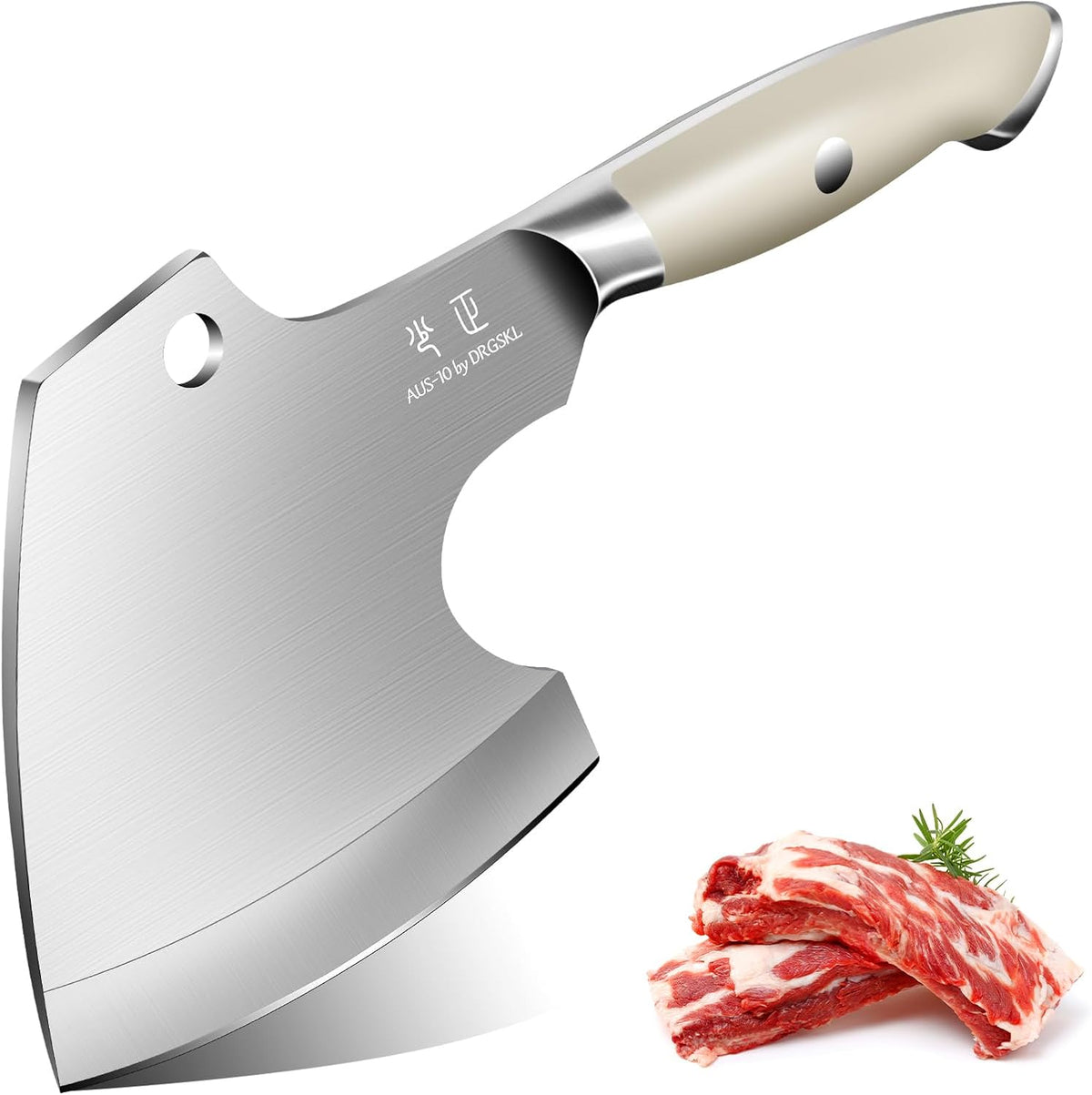 DRGSKL Meat Cleaver Heavy Duty - Bone Chopper, Hand Forged Kitchen Axe | Japanese AUS-10 High-carbon Steel, V-Sharp Blade, Full Tang Handle, Gift Box, Strength And Beauty