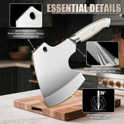 DRGSKL Meat Cleaver Heavy Duty - Bone Chopper, Hand Forged Kitchen Axe | Japanese AUS-10 High-carbon Steel, V-Sharp Blade, Full Tang Handle, Gift Box, Strength And Beauty