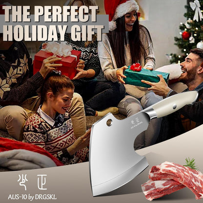 DRGSKL Meat Cleaver Heavy Duty - Bone Chopper, Hand Forged Kitchen Axe | Japanese AUS-10 High-carbon Steel, V-Sharp Blade, Full Tang Handle, Gift Box, Strength And Beauty