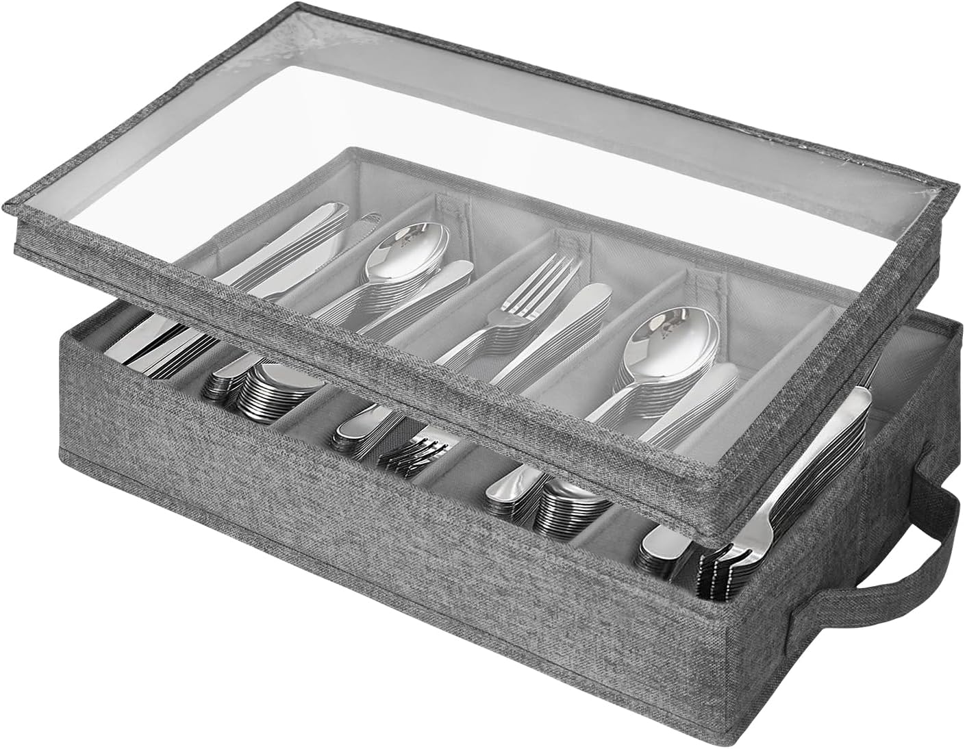 Flatware Utensil Storage Case, Silverware Storage Box with 4 Adjustable Dividers and Removable Lid, Cutlery Case Utensil with 5 Compartment Storage for Spoon Fork Knives Tableware (Gray)