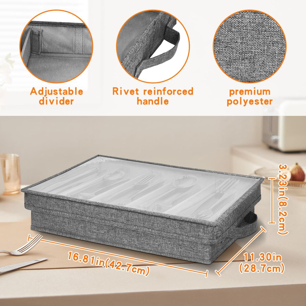 Flatware Utensil Storage Case, Silverware Storage Box with 4 Adjustable Dividers and Removable Lid, Cutlery Case Utensil with 5 Compartment Storage for Spoon Fork Knives Tableware (Gray)