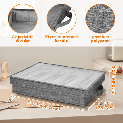 Flatware Utensil Storage Case, Silverware Storage Box with 4 Adjustable Dividers and Removable Lid, Cutlery Case Utensil with 5 Compartment Storage for Spoon Fork Knives Tableware (Gray)