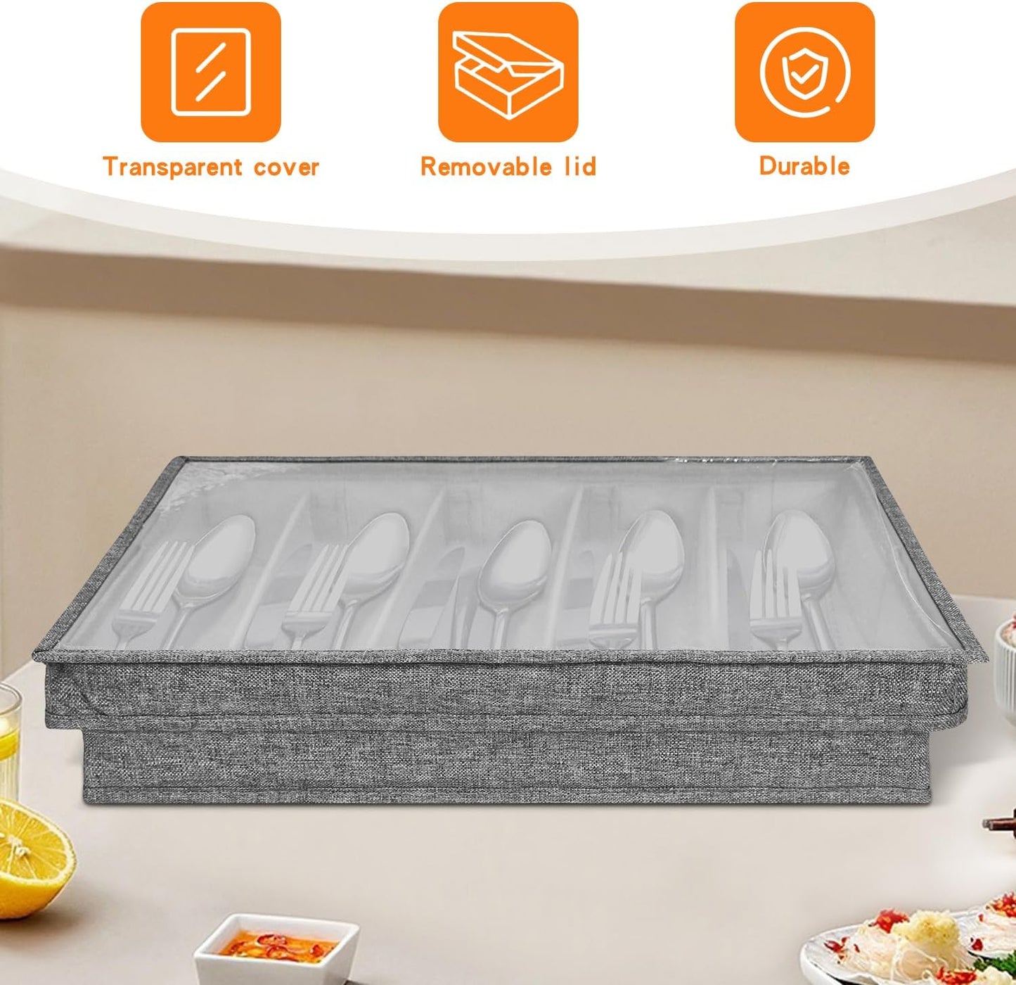 Flatware Utensil Storage Case, Silverware Storage Box with 4 Adjustable Dividers and Removable Lid, Cutlery Case Utensil with 5 Compartment Storage for Spoon Fork Knives Tableware (Gray)