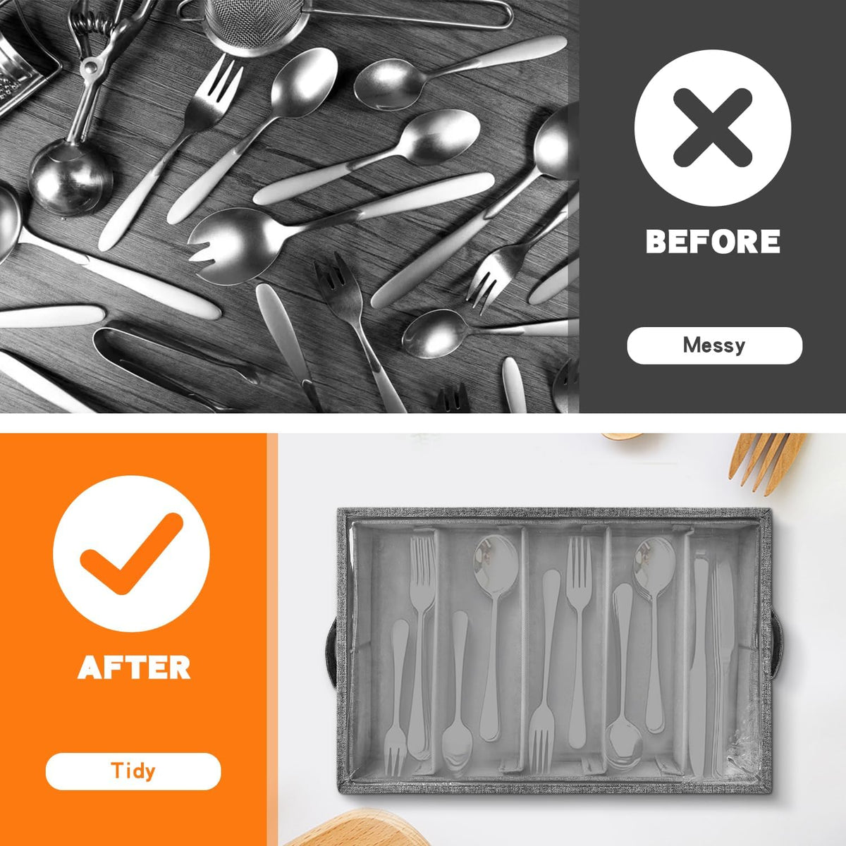 Flatware Utensil Storage Case, Silverware Storage Box with 4 Adjustable Dividers and Removable Lid, Cutlery Case Utensil with 5 Compartment Storage for Spoon Fork Knives Tableware (Gray)
