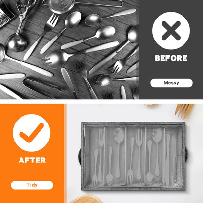 Flatware Utensil Storage Case, Silverware Storage Box with 4 Adjustable Dividers and Removable Lid, Cutlery Case Utensil with 5 Compartment Storage for Spoon Fork Knives Tableware (Gray)