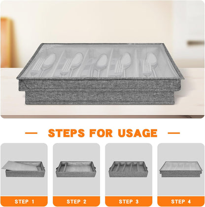 Flatware Utensil Storage Case, Silverware Storage Box with 4 Adjustable Dividers and Removable Lid, Cutlery Case Utensil with 5 Compartment Storage for Spoon Fork Knives Tableware (Gray)