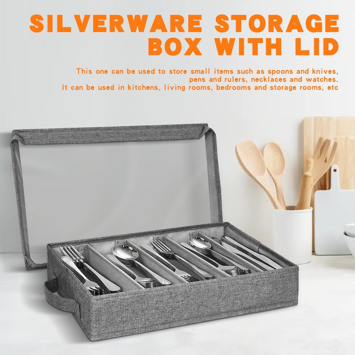 Flatware Utensil Storage Case, Silverware Storage Box with 4 Adjustable Dividers and Removable Lid, Cutlery Case Utensil with 5 Compartment Storage for Spoon Fork Knives Tableware (Gray)