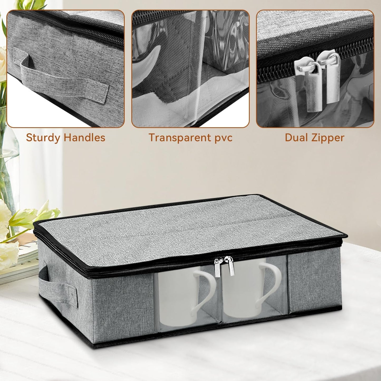 Flatware Utensil Storage Case, Silverware Storage Box with 4 Adjustable Dividers and Removable Lid, Cutlery Case Utensil with 5 Compartment Storage for Spoon Fork Knives Tableware (Gray)