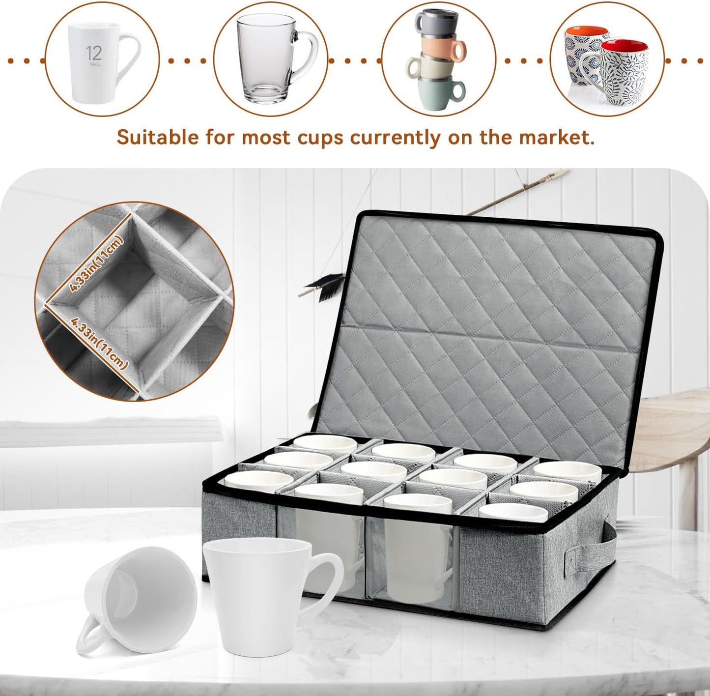 Flatware Utensil Storage Case, Silverware Storage Box with 4 Adjustable Dividers and Removable Lid, Cutlery Case Utensil with 5 Compartment Storage for Spoon Fork Knives Tableware (Gray)