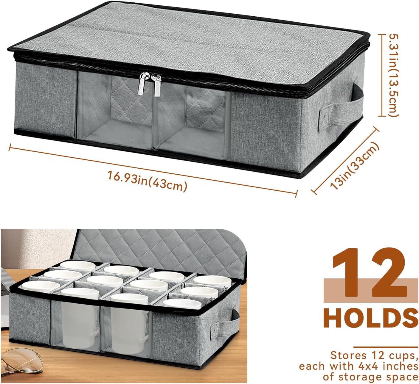 Flatware Utensil Storage Case, Silverware Storage Box with 4 Adjustable Dividers and Removable Lid, Cutlery Case Utensil with 5 Compartment Storage for Spoon Fork Knives Tableware (Gray)