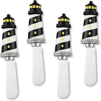 UP Black Lighthouse Cheese Spreaders, Hand-Painted Resin Handles with Stainless Steel Blades for Spreading Cream Cheese, Butter, Jam, or Sandwich, Set of 4