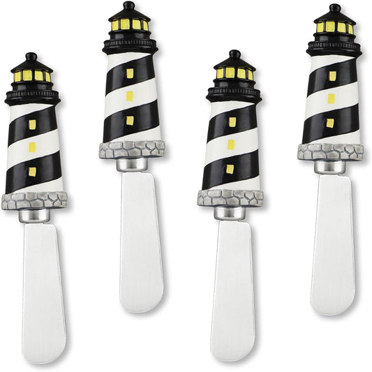 UP Black Lighthouse Cheese Spreaders, Hand-Painted Resin Handles with Stainless Steel Blades for Spreading Cream Cheese, Butter, Jam, or Sandwich, Set of 4