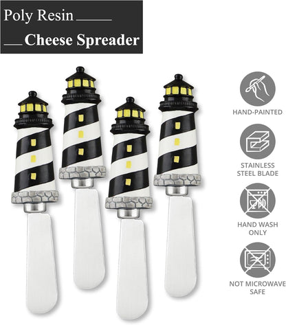 UP Black Lighthouse Cheese Spreaders, Hand-Painted Resin Handles with Stainless Steel Blades for Spreading Cream Cheese, Butter, Jam, or Sandwich, Set of 4