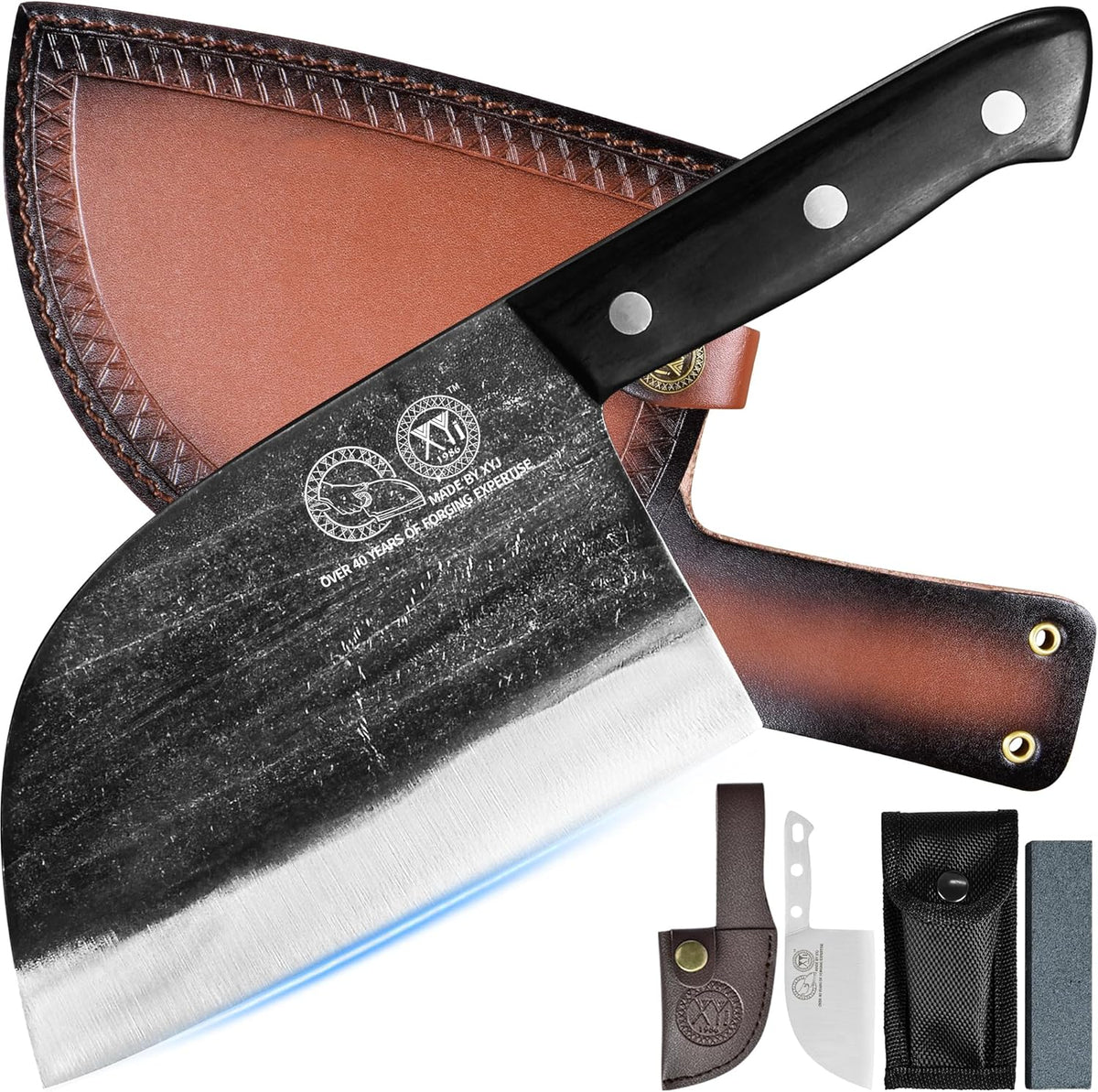 Authentic Since 1986,Outstanding Ancient Forging,6.7 Inch Full Tang,Serbian Chefs knife,Chef Meat Cleaver,Kitchen Knives,Set with Leather Sheath,Take Carrying,Butcher