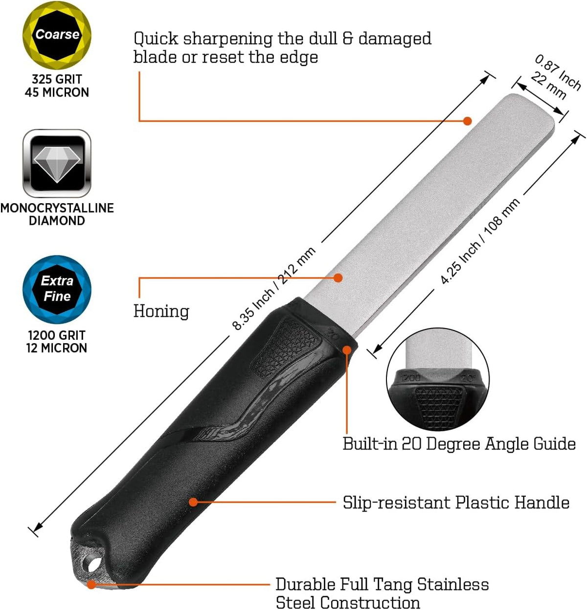 121N Dual-Grit Diamond Sharpening Stone Garden Tool File | Coarse 325 / Extra Fine 1200 Grit, Knife Sharpener For Lawn Mower Blade, Axe, Hatchet, Hedge Shears, Chisels, Drills