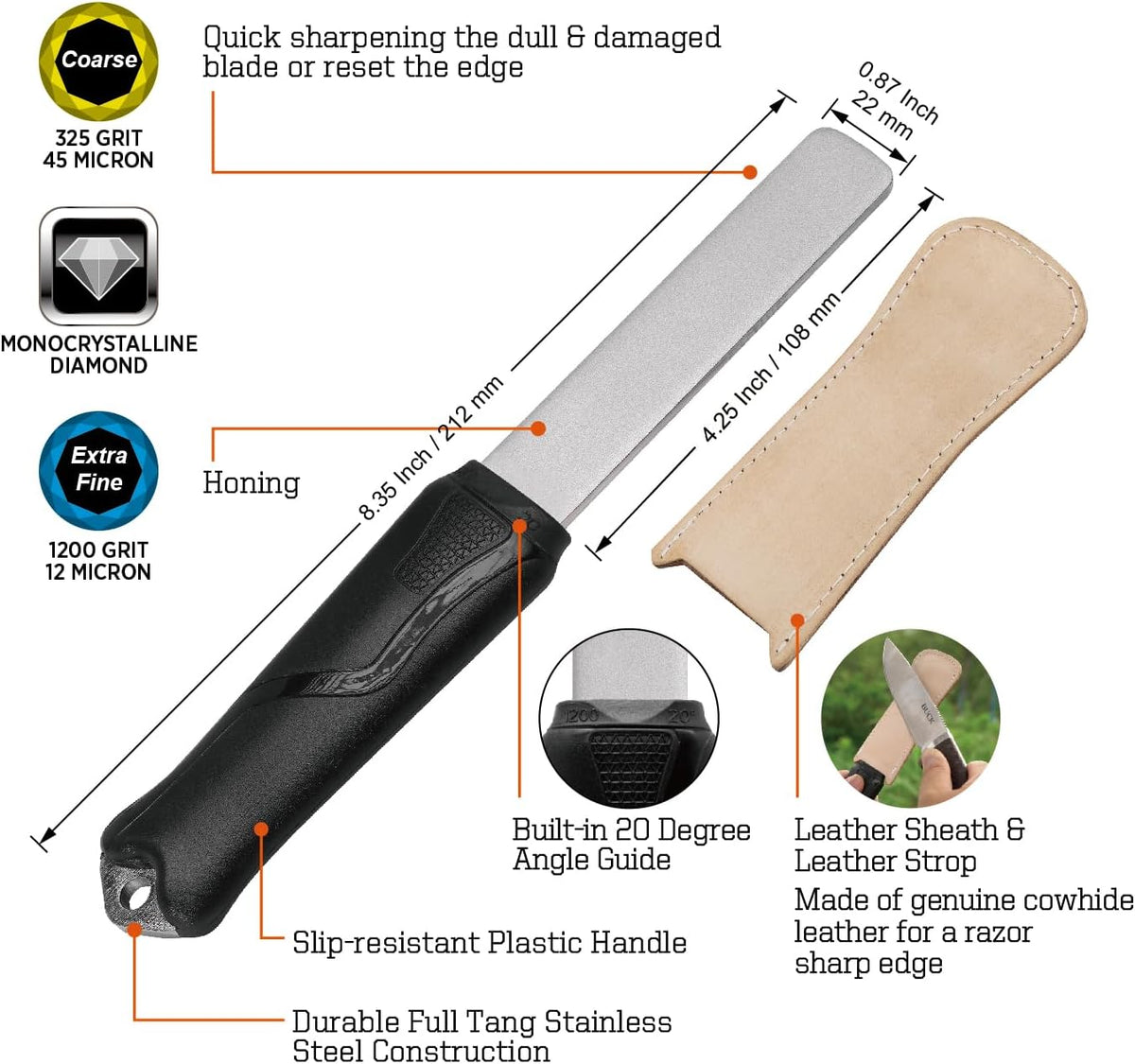 121N Dual-Grit Diamond Sharpening Stone Garden Tool File | Coarse 325 / Extra Fine 1200 Grit, Knife Sharpener For Lawn Mower Blade, Axe, Hatchet, Hedge Shears, Chisels, Drills