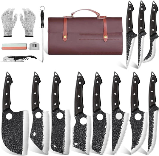 TAN REN 17PCS Butcher Knife Set with Bag, High Carbon Steel BBQ Knife Set | Meat Knife Set, Hand Forged Kitchen Chef Knives for Men Home & Outdoor Cooking