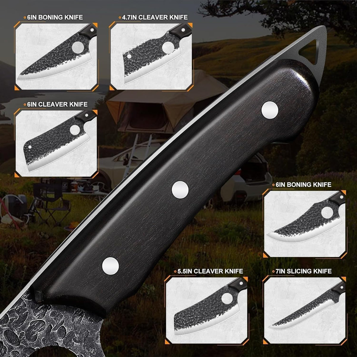 TAN REN 17PCS Butcher Knife Set with Bag, High Carbon Steel BBQ Knife Set | Meat Knife Set, Hand Forged Kitchen Chef Knives for Men Home & Outdoor Cooking