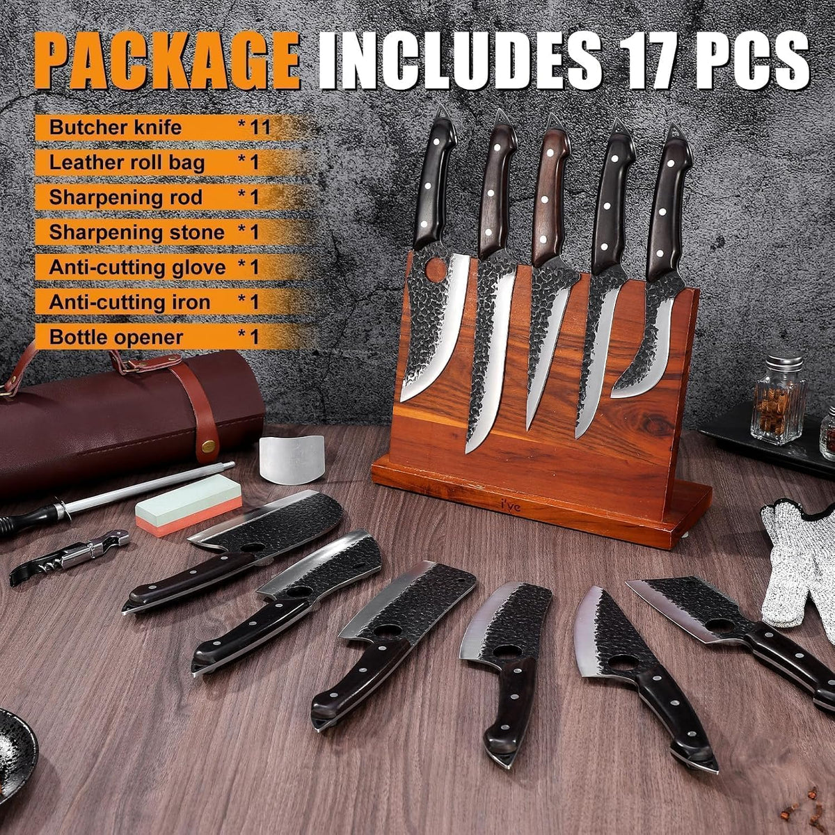 TAN REN 17PCS Butcher Knife Set with Bag, High Carbon Steel BBQ Knife Set | Meat Knife Set, Hand Forged Kitchen Chef Knives for Men Home & Outdoor Cooking