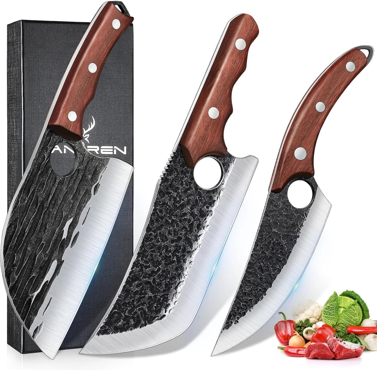 TAN REN 17PCS Butcher Knife Set with Bag, High Carbon Steel BBQ Knife Set | Meat Knife Set, Hand Forged Kitchen Chef Knives for Men Home & Outdoor Cooking
