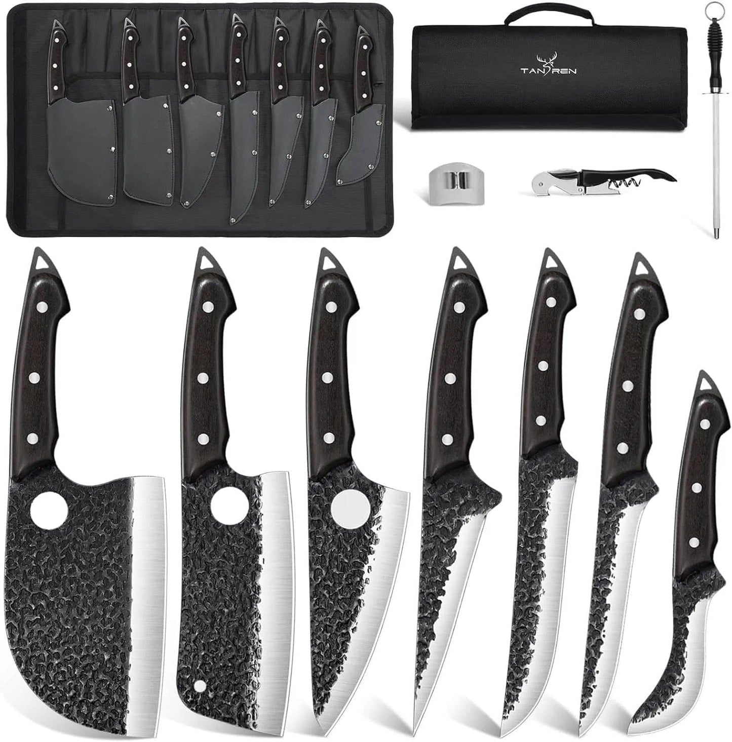 TAN REN 17PCS Butcher Knife Set with Bag, High Carbon Steel BBQ Knife Set | Meat Knife Set, Hand Forged Kitchen Chef Knives for Men Home & Outdoor Cooking