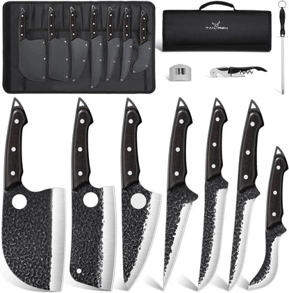 TAN REN 17PCS Butcher Knife Set with Bag, High Carbon Steel BBQ Knife Set | Meat Knife Set, Hand Forged Kitchen Chef Knives for Men Home & Outdoor Cooking