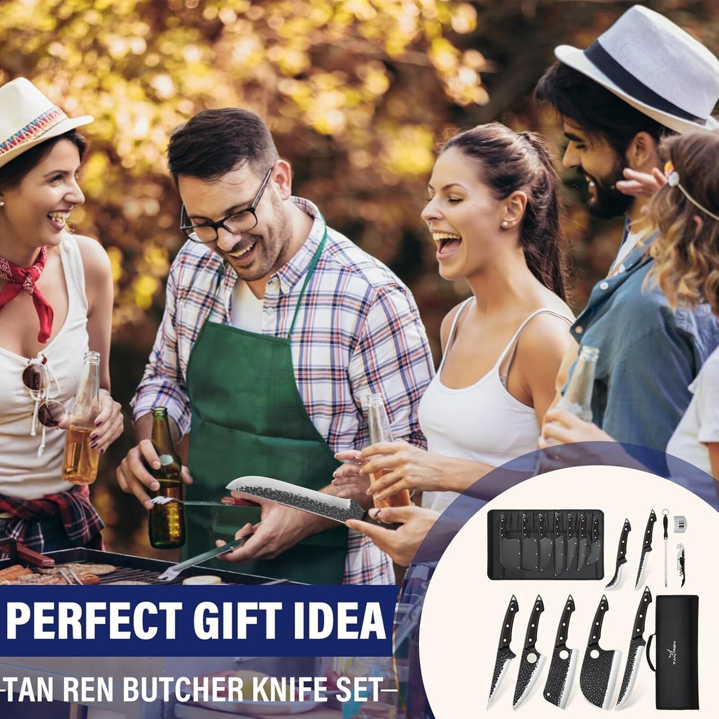TAN REN 17PCS Butcher Knife Set with Bag, High Carbon Steel BBQ Knife Set | Meat Knife Set, Hand Forged Kitchen Chef Knives for Men Home & Outdoor Cooking