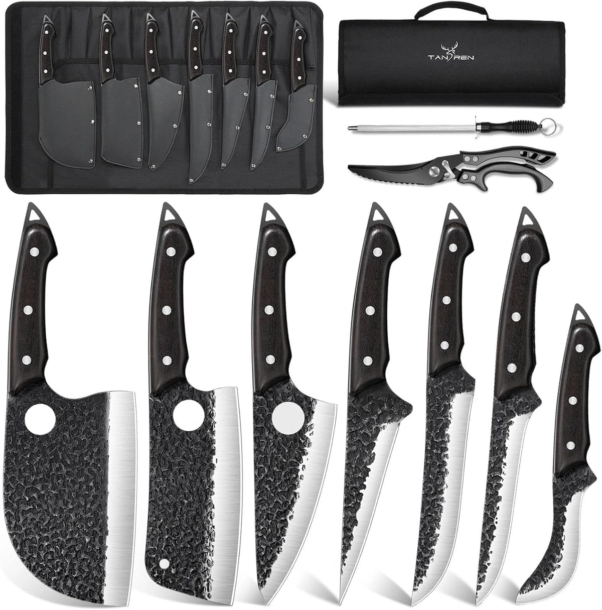 TAN REN 17PCS Butcher Knife Set with Bag, High Carbon Steel BBQ Knife Set | Meat Knife Set, Hand Forged Kitchen Chef Knives for Men Home & Outdoor Cooking