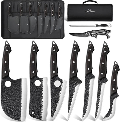 TAN REN 17PCS Butcher Knife Set with Bag, High Carbon Steel BBQ Knife Set | Meat Knife Set, Hand Forged Kitchen Chef Knives for Men Home & Outdoor Cooking