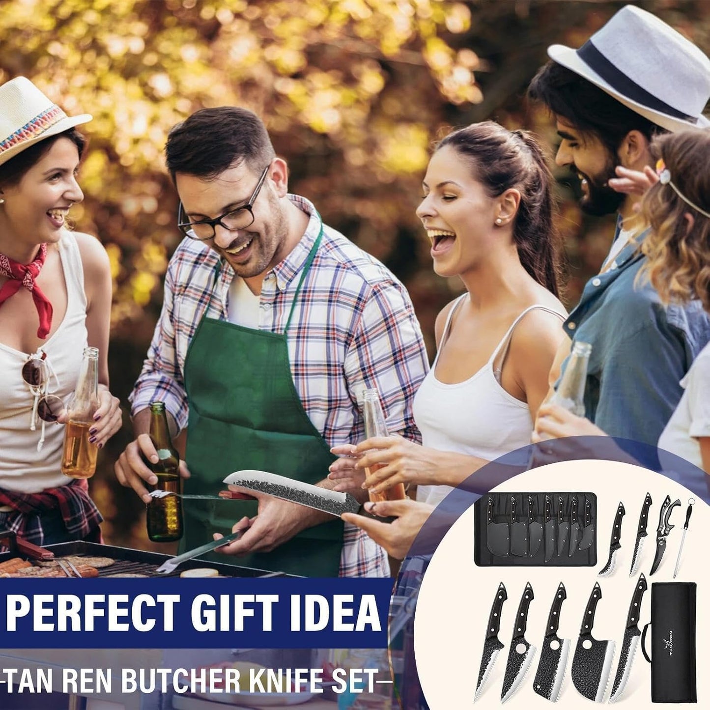 TAN REN 17PCS Butcher Knife Set with Bag, High Carbon Steel BBQ Knife Set | Meat Knife Set, Hand Forged Kitchen Chef Knives for Men Home & Outdoor Cooking