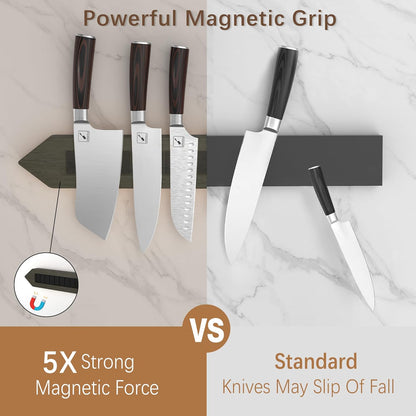 Magnetic Knife Holder for Wall - 16 Inch Acacia Wood Magnetic Knife Strip with Powerful Magnet, Knife Magnetic Strip for Kitchen Utensil Organizer with 4 Hooks, Dark Gray