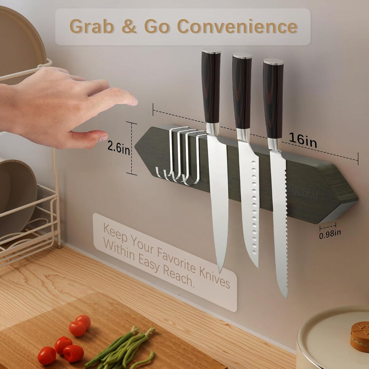 Magnetic Knife Holder for Wall - 16 Inch Acacia Wood Magnetic Knife Strip with Powerful Magnet, Knife Magnetic Strip for Kitchen Utensil Organizer with 4 Hooks, Dark Gray