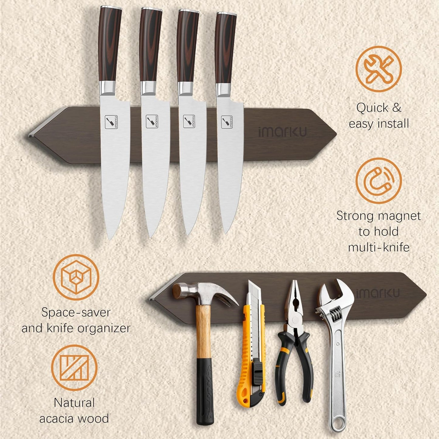 Magnetic Knife Holder for Wall - 16 Inch Acacia Wood Magnetic Knife Strip with Powerful Magnet, Knife Magnetic Strip for Kitchen Utensil Organizer with 4 Hooks, Dark Gray