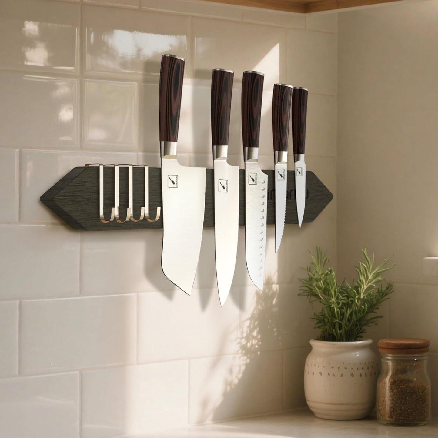 Magnetic Knife Holder for Wall - 16 Inch Acacia Wood Magnetic Knife Strip with Powerful Magnet, Knife Magnetic Strip for Kitchen Utensil Organizer with 4 Hooks, Dark Gray