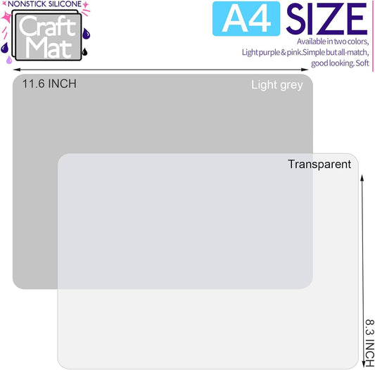 Silicone Mats for Crafts, 2 Pcs 11.69" x 8.26" Silicone Mats for Resin, Paint Clay Play Dough Mat, DIY Arts and Crafts, Light Gray & Clear