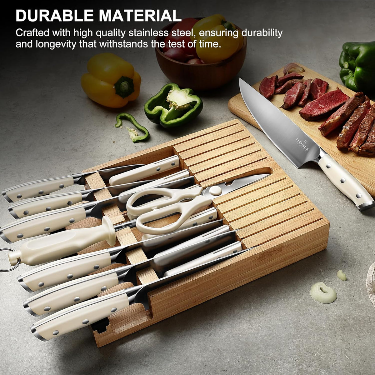 In-drawer Knife Block Set, 16PCS Kitchen Knife Set with Wooden Block, Chopping Knives Set, Stainless Steel Knife Block Set, Sharp Cooking Knife Set with Cutting Board, Rust Proof, White