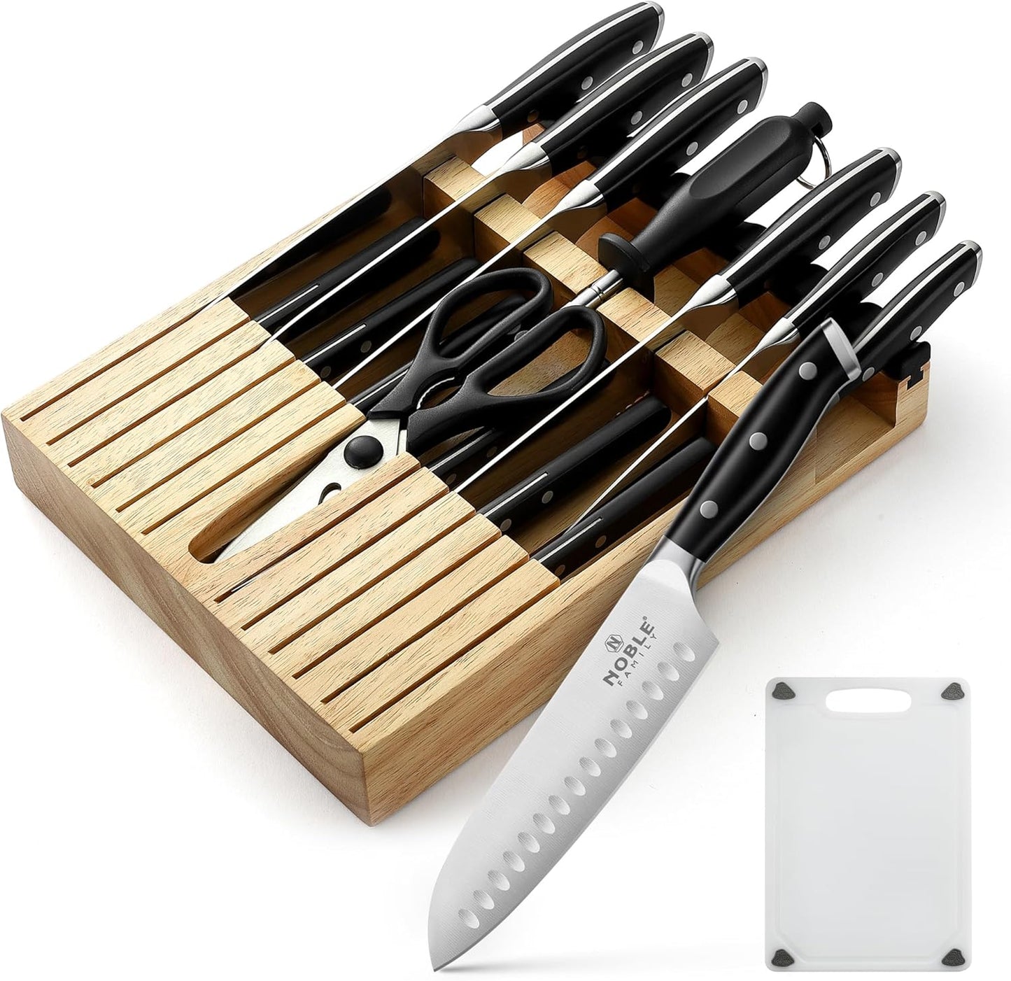 In-drawer Knife Block Set, 16PCS Kitchen Knife Set with Wooden Block, Chopping Knives Set, Stainless Steel Knife Block Set, Sharp Cooking Knife Set with Cutting Board, Rust Proof, White