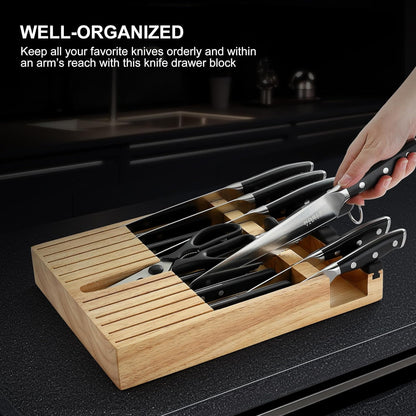 In-drawer Knife Block Set, 16PCS Kitchen Knife Set with Wooden Block, Chopping Knives Set, Stainless Steel Knife Block Set, Sharp Cooking Knife Set with Cutting Board, Rust Proof, White
