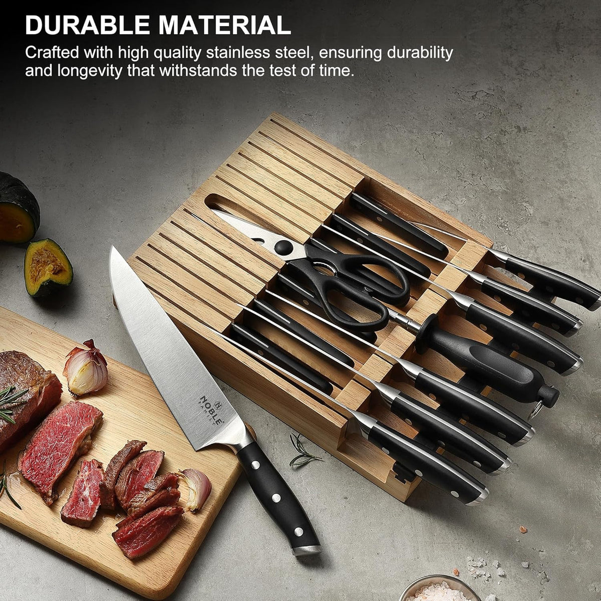 In-drawer Knife Block Set, 16PCS Kitchen Knife Set with Wooden Block, Chopping Knives Set, Stainless Steel Knife Block Set, Sharp Cooking Knife Set with Cutting Board, Rust Proof, White