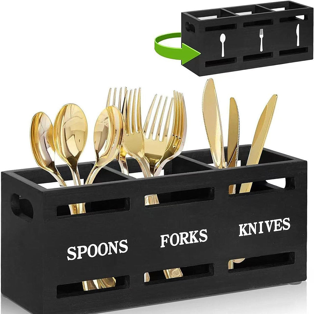 3-Compartment Wooden Utensil Organizer Countertop Silverware Caddy, Black | For Spoons Forks Knives, Countertop Flatware Storage Holder, With Ventilation, Kitchen/Dining Table/Camping