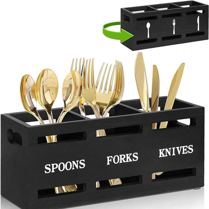 3-Compartment Wooden Utensil Organizer Countertop Silverware Caddy, Black | For Spoons Forks Knives, Countertop Flatware Storage Holder, With Ventilation, Kitchen/Dining Table/Camping