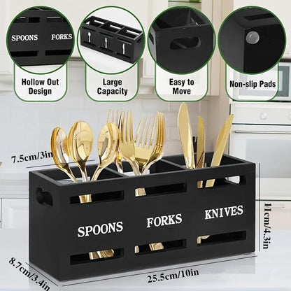 3-Compartment Wooden Utensil Organizer Countertop Silverware Caddy, Black | For Spoons Forks Knives, Countertop Flatware Storage Holder, With Ventilation, Kitchen/Dining Table/Camping