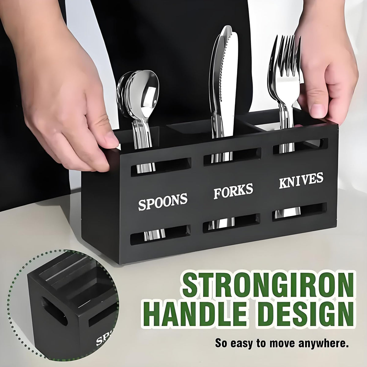 3-Compartment Wooden Utensil Organizer Countertop Silverware Caddy, Black | For Spoons Forks Knives, Countertop Flatware Storage Holder, With Ventilation, Kitchen/Dining Table/Camping