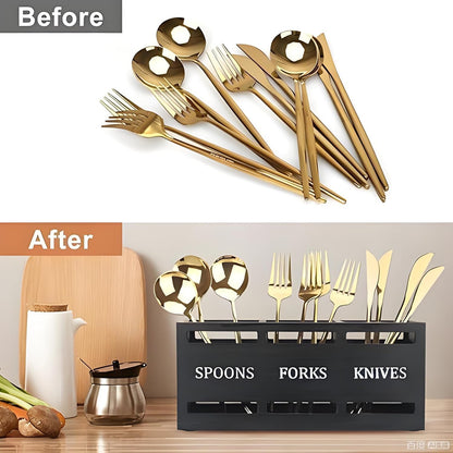 3-Compartment Wooden Utensil Organizer Countertop Silverware Caddy, Black | For Spoons Forks Knives, Countertop Flatware Storage Holder, With Ventilation, Kitchen/Dining Table/Camping