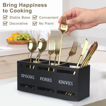 3-Compartment Wooden Utensil Organizer Countertop Silverware Caddy, Black | For Spoons Forks Knives, Countertop Flatware Storage Holder, With Ventilation, Kitchen/Dining Table/Camping