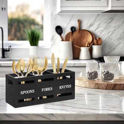 3-Compartment Wooden Utensil Organizer Countertop Silverware Caddy, Black | For Spoons Forks Knives, Countertop Flatware Storage Holder, With Ventilation, Kitchen/Dining Table/Camping