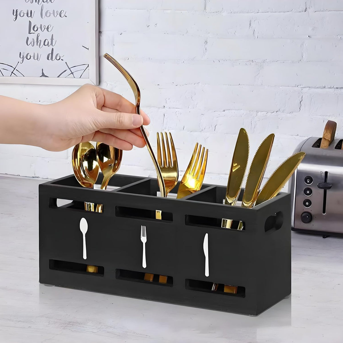 3-Compartment Wooden Utensil Organizer Countertop Silverware Caddy, Black | For Spoons Forks Knives, Countertop Flatware Storage Holder, With Ventilation, Kitchen/Dining Table/Camping